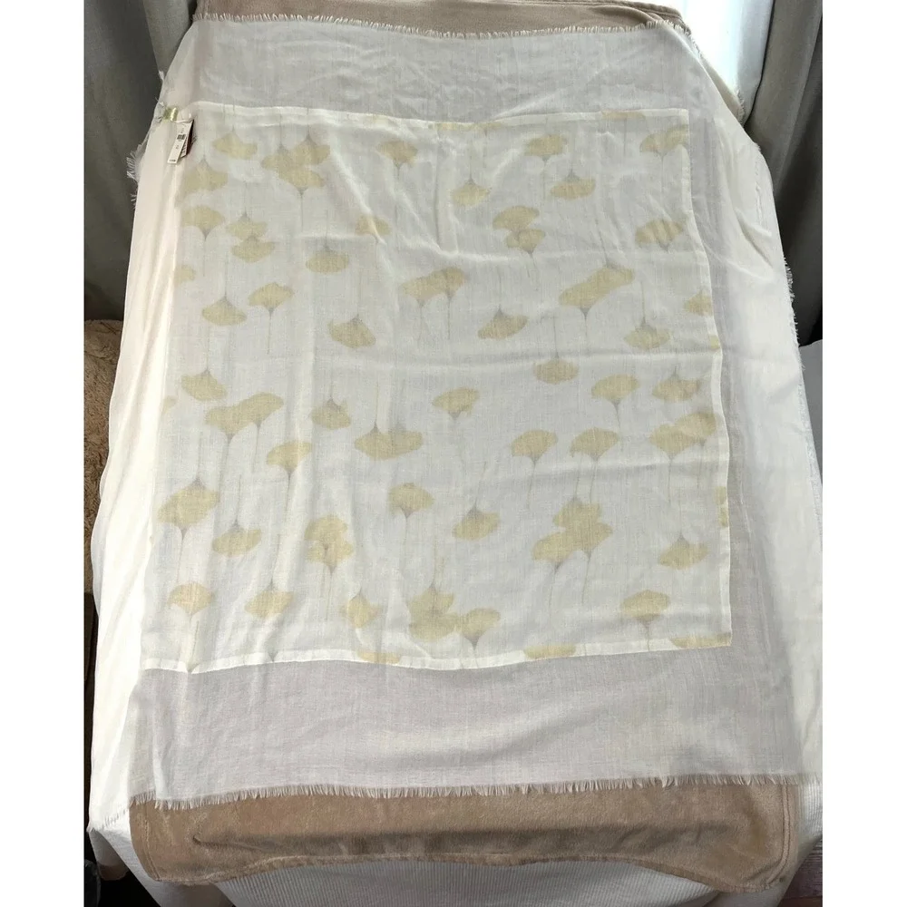 Anthropologie Citrus Ginkgo Leaf Embroidered SilkWool Scarf Yellow NEW MSRP$118
